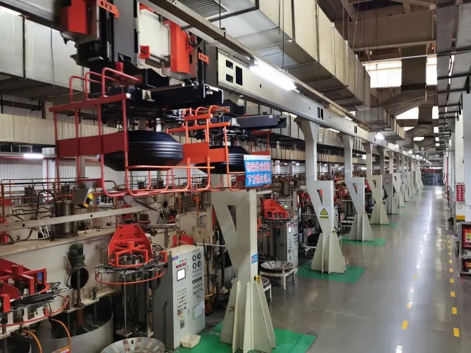 Tire curing production line inside the factory